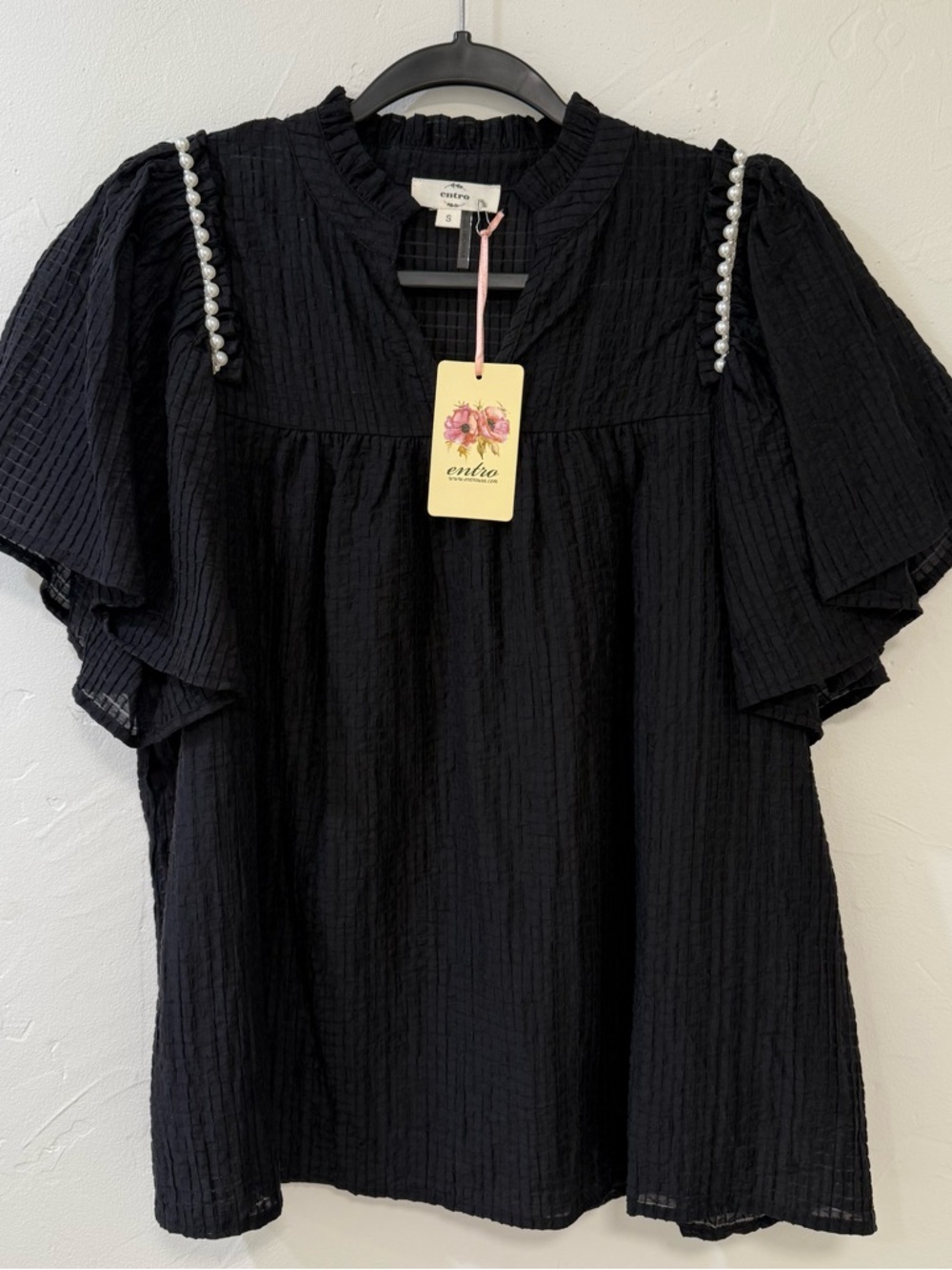 entro Black Textured Ruffle Sleeve Blouse with Pearl Shoulder Trim